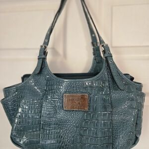 Nicole By Nicole Miller Handbag In Teal Blue 10" X 18" Faux Lizard